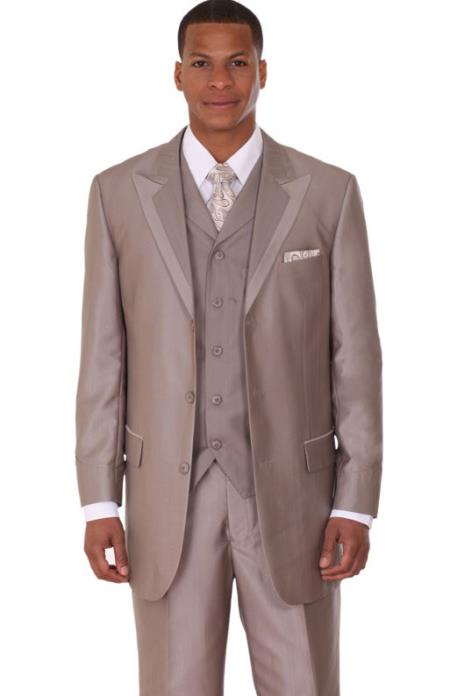 Mensusa Products Discount Mens suits-Mens Tan Vested Sharkskin Fashion Suit: discount mens clothes for sale