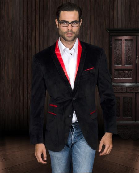 Mensusa Products Velvet Velour Blazer FormalTuxedo jacket Sport Coat Two Tone Trimming Black
