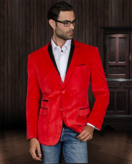 Mensusa Products Velvet Velour Blazer FormalTuxedo jacket Sport Coat Two Tone Trimming Red