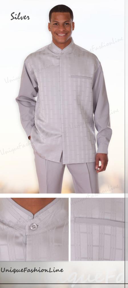 Mensusa Products Men's Luxurious Mandarin Collar Walking Suit 2 Piece Silver