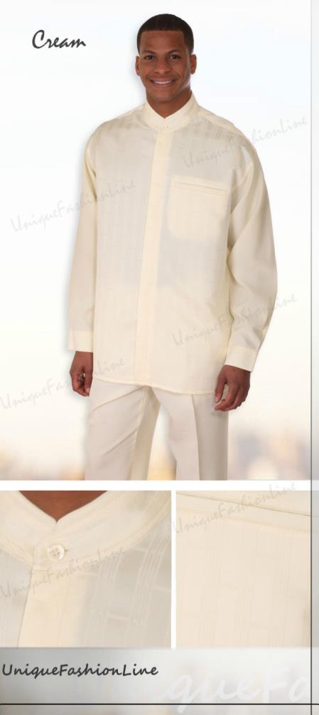 Mensusa Products Men's Luxurious Mandarin Collar Walking Suit 2 Piece Set Cream