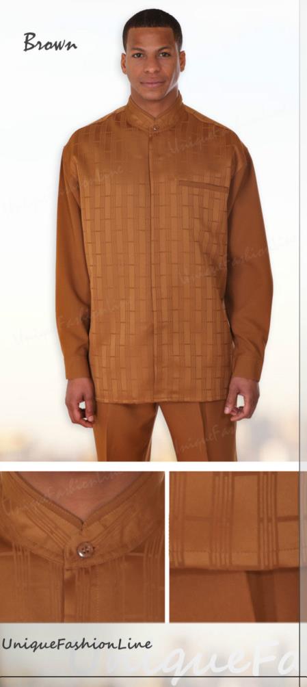 Mensusa Products Men's Luxurious Mandarin Collar Walking Suit 2 Piece Brown