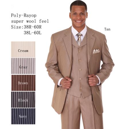 Mensusa Products Mens 3 Piece 33'' Jacket with Double Vents Suit Bold PencStripes Tan