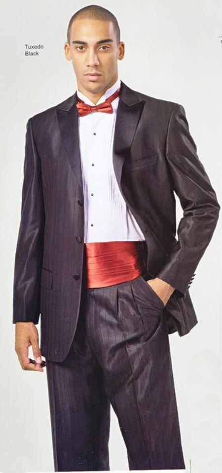 Mensusa Products Jet Black Shadow Stripe Ton on Ton Stripe Patterned 3 Button Style Peak Lapel Jacket & Pleated Pants Tuxedo Suit