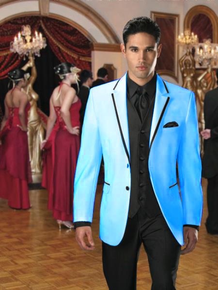 Mensusa Products Two Button Colored Tuxedo or Formal Suit & Blazer with Black Edge Trim Sky Blue