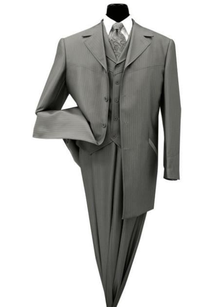 Mensusa Products Mens three piece low priced fashion outfits 4 Button 36 Inch Length Shark Skin Church Suit Charcoal With Stripe