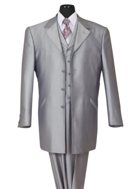 Mensusa Products Mens three piece low priced fashion outfits 4 Button 36 Inch Lengths Shark Skin Church Suit Silver With Stripe