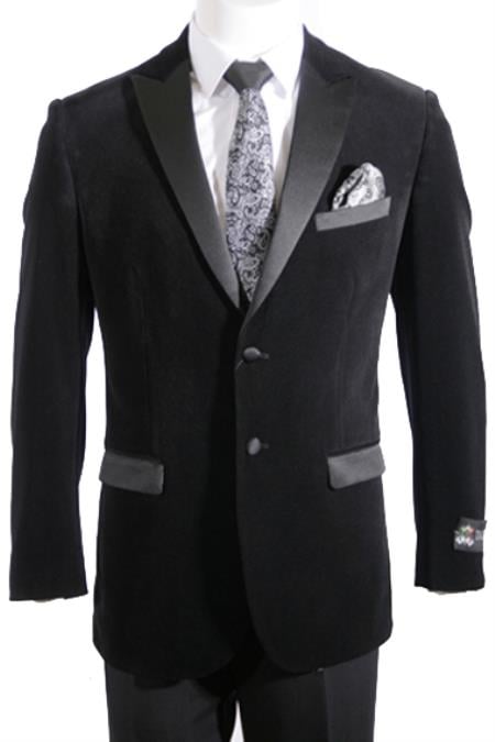 Mensusa Products 2 Button Peak Lapel Velvet ~ Velour Tuxedo / Blazer with Satin Lapel Side Vent Black