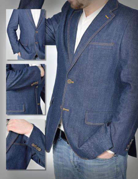 Mensusa Products 1 Cotton Denim 2 Button Single Breasted Jacket with Notch Lapels Besom Chest Pocket Navy
