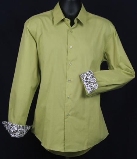 Mensusa Products Men's Fancy Slim Fit Dress Shirt Cuff Pattern Lime