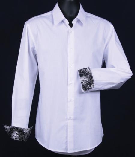 Mensusa Products Men's Fancy Slim Fit Dress Shirt Cuff Pattern White