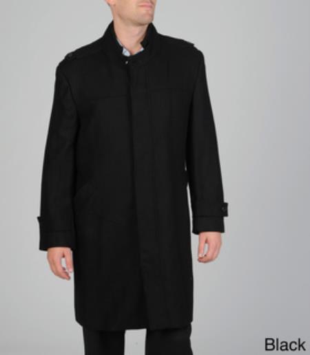Mensusa Products Nehru jacket-Nehru mandarin style jacket Men's Car Coat 'Rosa' Herringbone Wool/ Cashmere Blend Topcoat Black