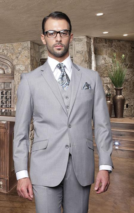 Mensusa Products Nice 2 Button Solid Color Gray Mens Suit with a Vest 3 Piece Tapered Slim Fitted Flat Front Pants Wool