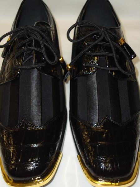 Mensusa Products Mens Cool Black Wingtip Style Satin Goldtip Dress Shoes