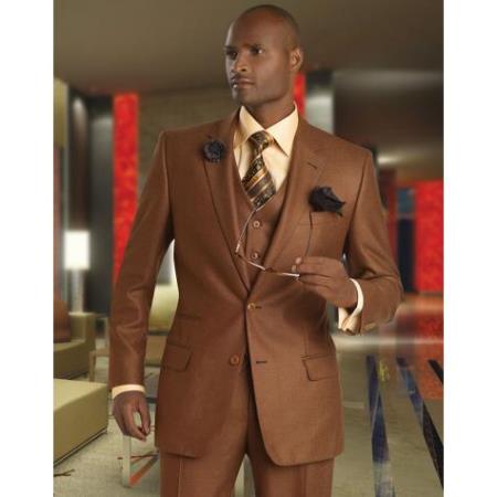Mensusa Products Solid Vested 3pc 2 Button Copper~Cognac~Rust Suit 1 Wool fabric 1 Pleat Pants Pick Stitched Lapel