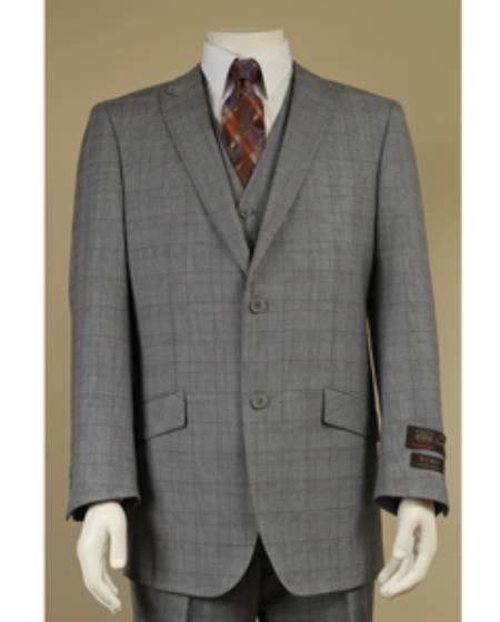 Mensusa Products Peak Lapel 2 Button Vested Window Pane Checks Glen Plaid Houndstooth Patterns 3 Piece Suit Grey