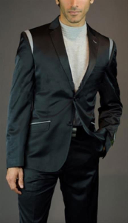 Mensusa Products Mens 2 Button Shiny Black Slim Fit Suit