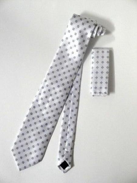 Mensusa Products Tie Set Ivory/White With Gray Squares Design