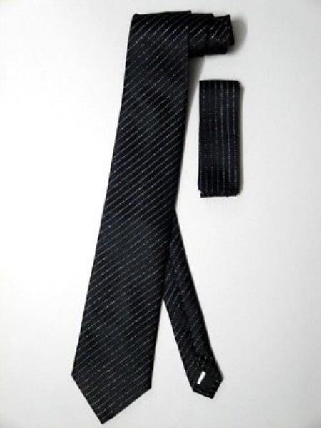 Mensusa Products Neck Tie Set Black W/ Metallic Silver Stripes