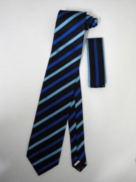 Mensusa Products Neck Tie Set Black W/ Navy Blue Stripes