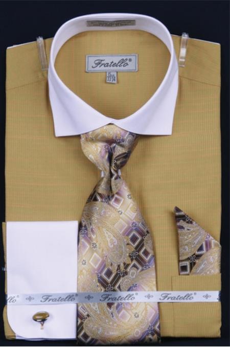 Mensusa Products Men's French Cuff Dress Shirt Set Two Tone Spread Collar Mustard