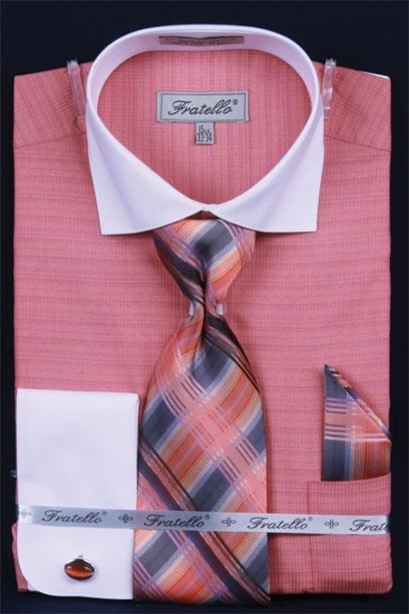 Mensusa Products Men's French Cuff Dress Shirt Set Two Tone Spread Collar Coral