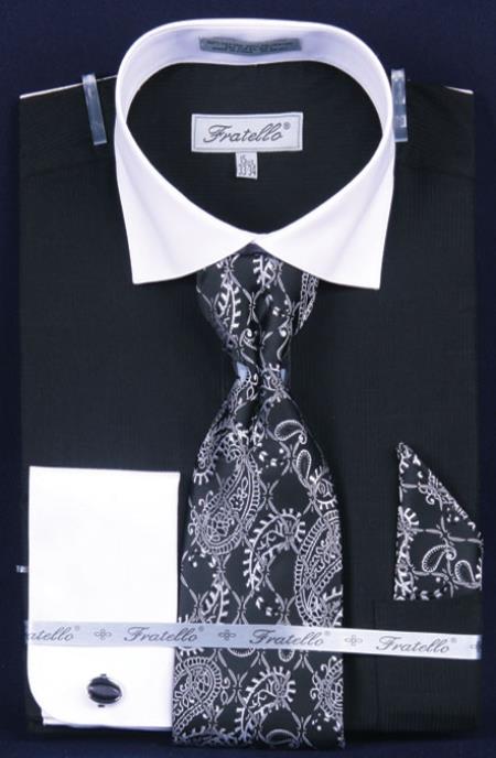 Mensusa Products Men's French Cuff Dress Shirt Set Two Tone Spread Collar Black