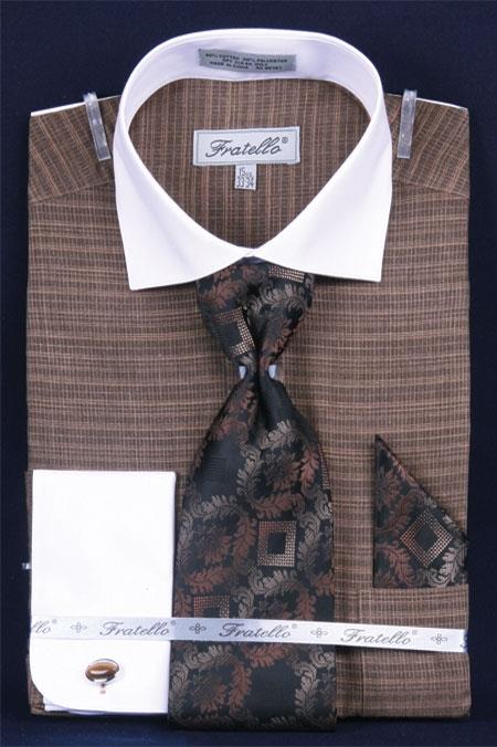 Mensusa Products Men's French Cuff Dress Shirt Set Two Tone Spread Collar Brown