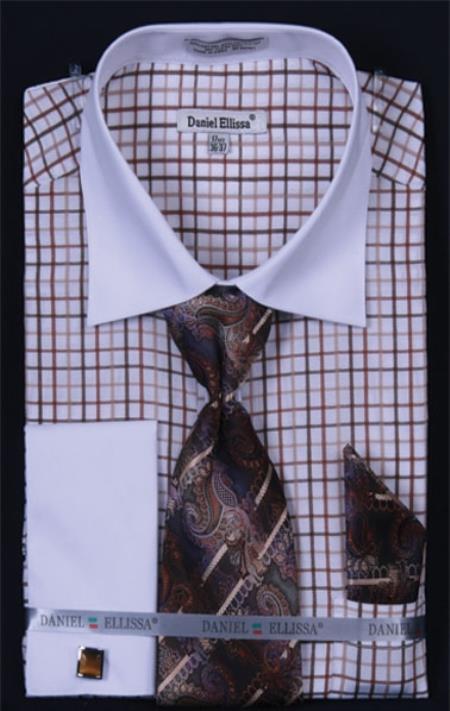 Mensusa Products Men's French Cuff Dress Shirt Set Small Checker Brown