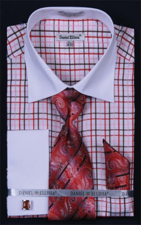 Mensusa Products Men's French Cuff Dress Shirt Set Small Checker Red