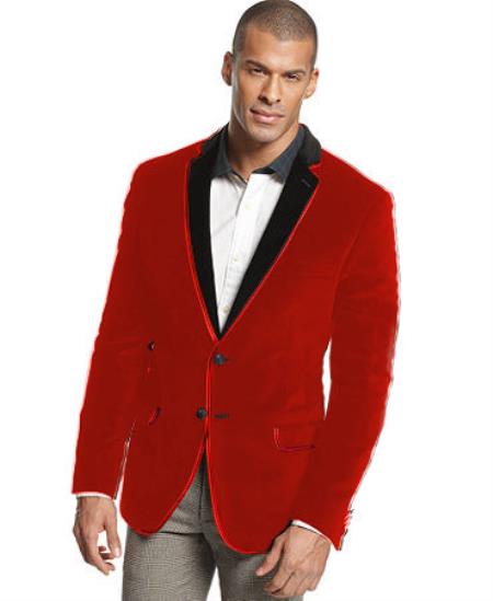 Mensusa Products Velvet Velour Blazer FormalTuxedo jacket Sport Coat Two Tone Trimming Notch Collar Red