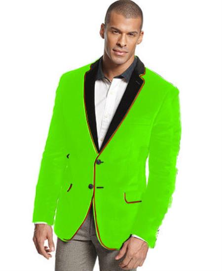 Mensusa Products Velvet Velour Blazer FormalTuxedo jacket Sport Coat Two Tone Trimming Notch Collar Lime Green