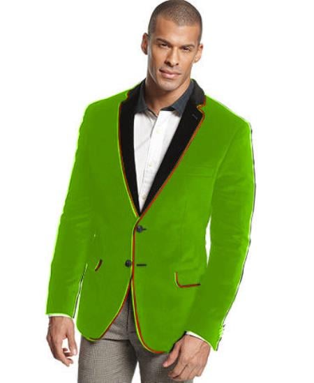 Mensusa Products Velvet Velour Blazer FormalTuxedo jacket Sport Coat Two Tone Trimming Notch Collar Apple Green
