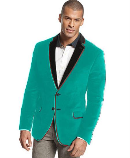 Mensusa Products Velvet Velour Blazer Formal Tuxedo Jacket Sport Coat Two Tone Trimming Notch Collar Turquoise