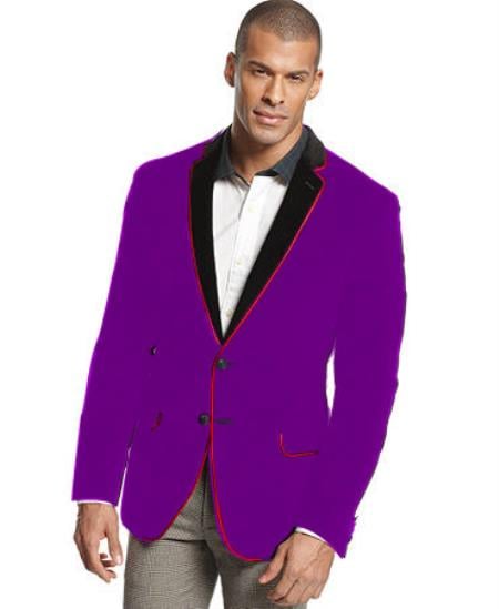 Mensusa Products Velvet Velour Blazer Formal Tuxedo Jacket Sport Coat Two Tone Trimming Notch Collar Dark Purple