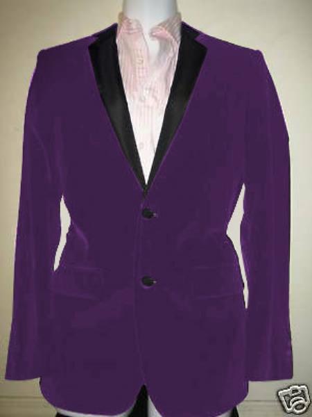 Mensusa Products Velvet Velour Blazer Formal Tuxedo Jacket Sport Coat Two Tone Trimming Notch Collar Dark Purple