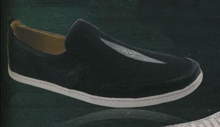 Mensusa Products White Diamonds Men's Casual Stingray/Python/Ostrich Slip On Shoes Black