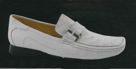 Mensusa Products White Diamonds Men's Exotic Ostrich/Caiman Slip On Moccasin Loafer Shoes White