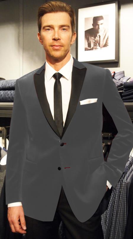 Mensusa Products Velvet Velour Blazer Formal Tuxedo Jacket Sport Coat Two Tone Trimming Notch Collar Grey