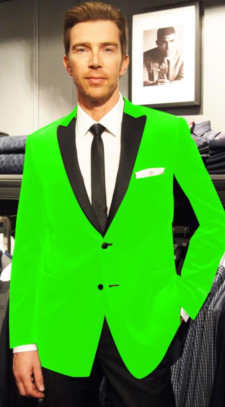 Mensusa Products Velvet Velour Blazer Formal Tuxedo Jacket Sport Coat Two Tone Trimming Notch Collar Lime Green