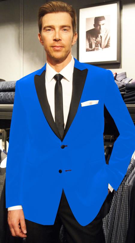 Mensusa Products Velvet Velour Blazer Formal Tuxedo Jacket Sport Coat Two Tone Trimming Notch Collar French Blue