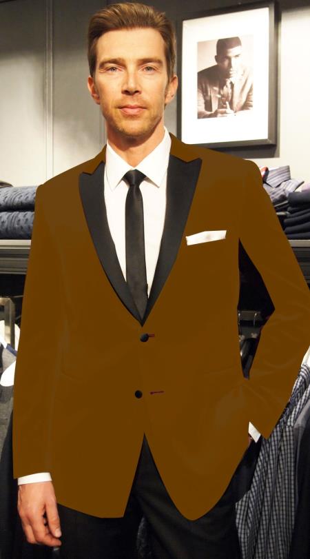 Mensusa Products Velvet Velour Blazer Formal Tuxedo Jacket Sport Coat Two Tone Trimming Notch Collar Brown