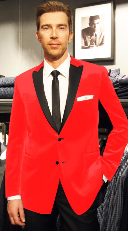 Mensusa Products Velvet Velour Blazer Formal Tuxedo Jacket Sport Coat Two Tone Trimming Notch Collar Hot Red