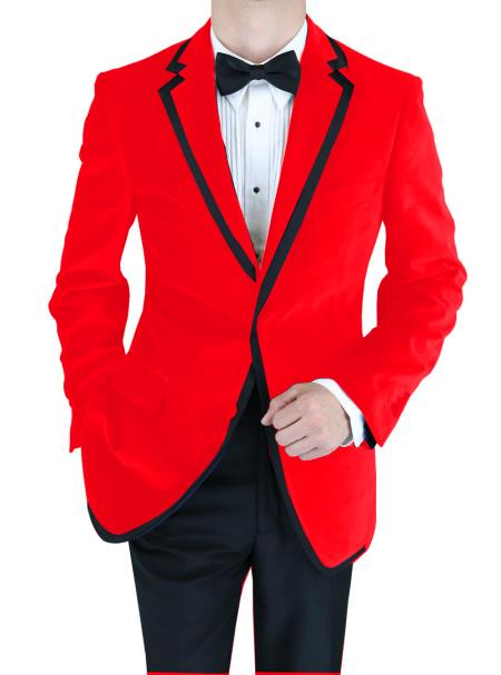 Mensusa Products Velvet Velour Blazer Formal Tuxedo Jacket Sport Coat Two Tone Trimming Notch Collar Red