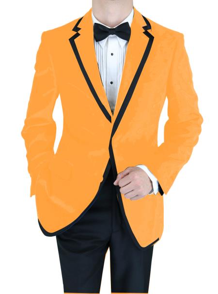 Mensusa Products Velvet Velour Blazer Formal Tuxedo Jacket Sport Coat Two Tone Trimming Notch Collar Orange
