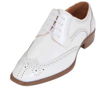 Mensusa Products Mens Winter White Classic Smooth Dress Shoe with WingTip and Perforated Detailing