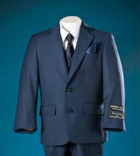 Mensusa Products 3 Piece Navy Tailored Boys Suits Flap Pockets Narrow Notch Lapel Polyester
