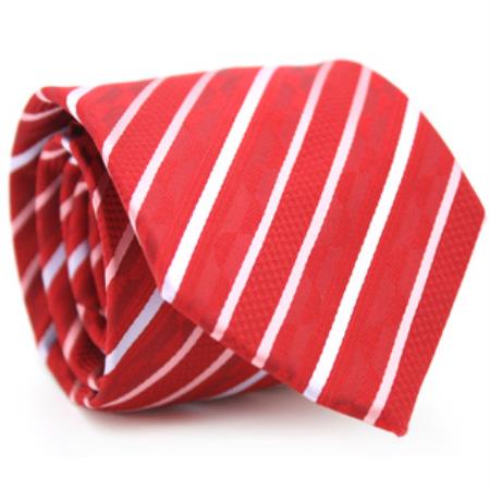 Mensusa Products Slim Classic Red Striped Necktie with Matching Handkerchief Tie Set