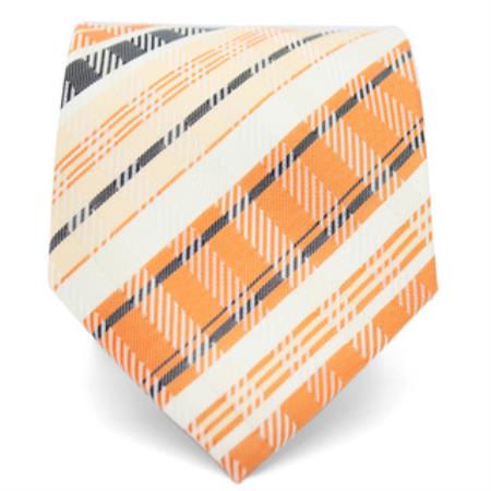 Mensusa Products Slim Orange Cream Plaid Classic Necktie with Matching Handkerchief Tie Set