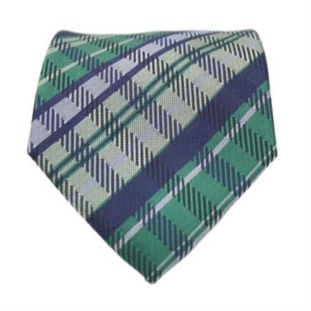 Mensusa Products Slim Green / Blue Plaid Classic Necktie with Matching Handkerchief Tie Set